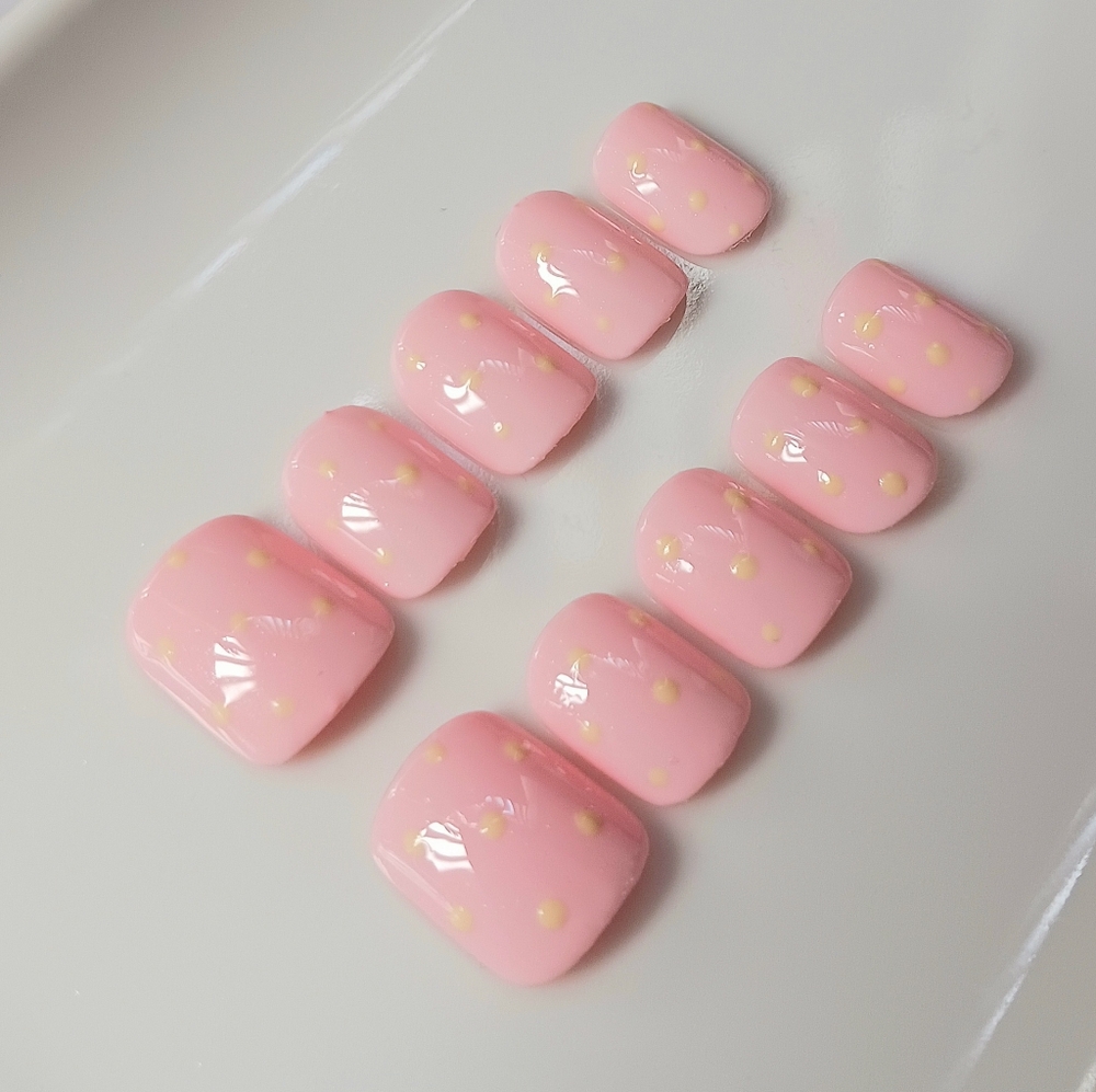 🎀Pastel Pink with Polka Dots Handmade Press on Nail Art Set Diy Reusable 10pcs